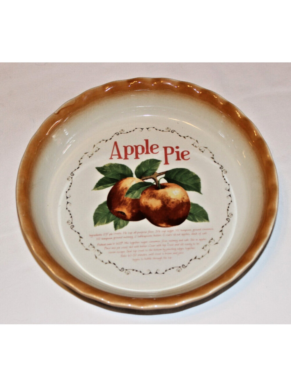 Nantucket Apple Pie Recipe 10" Ceramic Pie Plate Baking Dish Fluted Rim